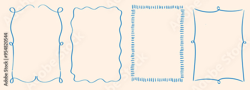 Rectangle  wavy scallop frame in doodle trendy style. Border with elegant  outline loop for greeting cards. Rectangular shapes with curvy and jagged borders. 