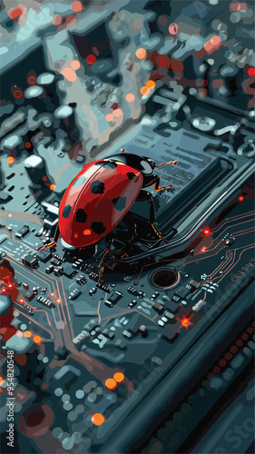 Miniature Ladybug Debugging Black Computer Motherboard to Resolve Software and Hardware Issues