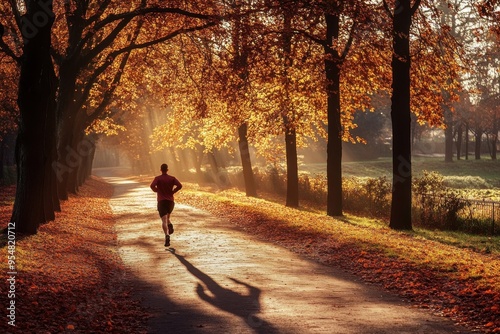 Lone runner jogging along a scenic path with autumn leaves in morning sunlight