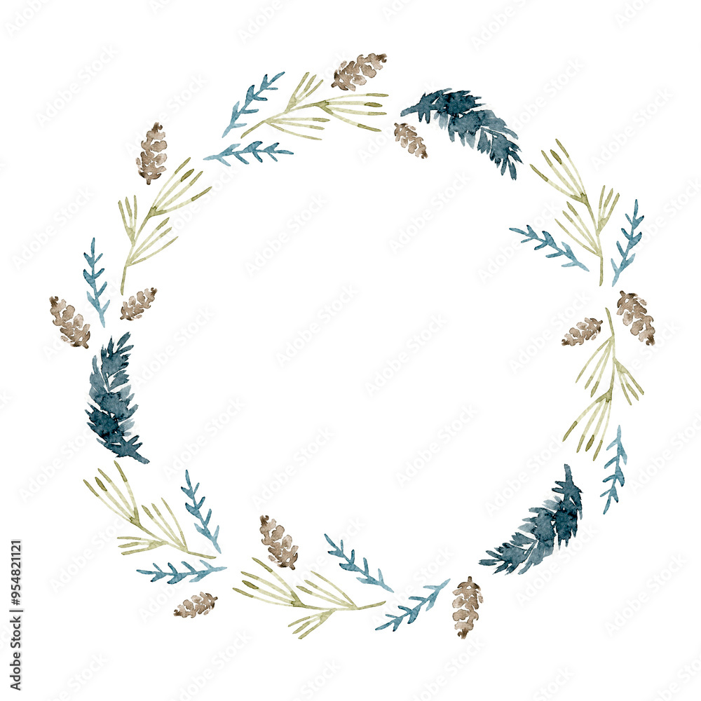 Watercolor Christmas wreath. A round frame with fir branches and cones. PNG clipart. Watercolor Christmas wreath. A round frame with fir branches and cones. PNG clipart.