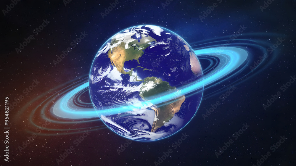 Fototapeta premium Blue Aura: Digital Earth Surrounded by Glowing Ozone Layer Against Starry Sky on World Ozone Day.