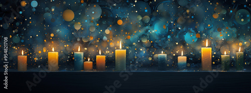 a blue background with three candles lit up, in the style of bokeh panorama, concert poster
