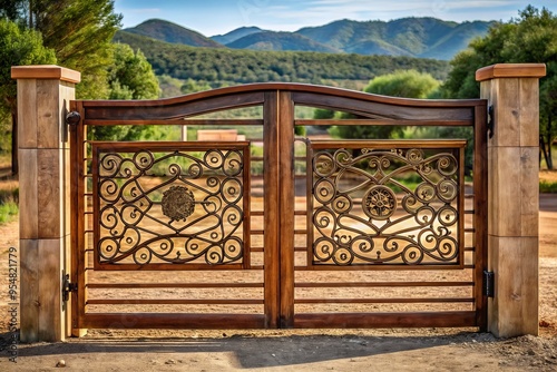 a photo image of a modern minimalist ranch gate with delicate metalwork filigree pattern in a warm bronze color set against a rustic wooden frame