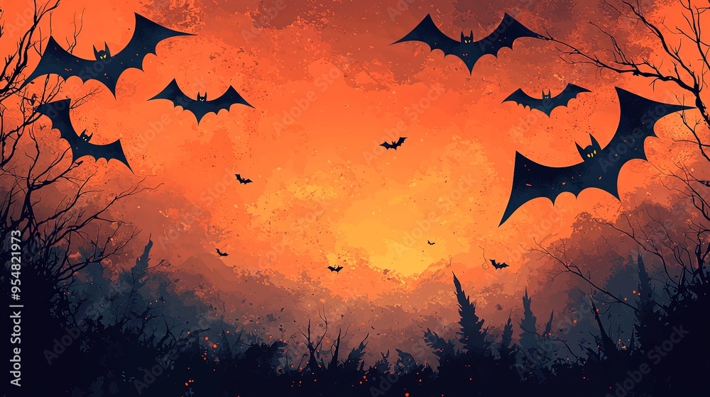 Silhouettes of bats soar against a vivid orange forest night backdrop, with scattered trees in the foreground providing an eerie yet artistic scene. Silhouettes of bats soar against a vivid orange forest night backdrop, with scattered trees in the foreground providing an eerie yet artistic scene.