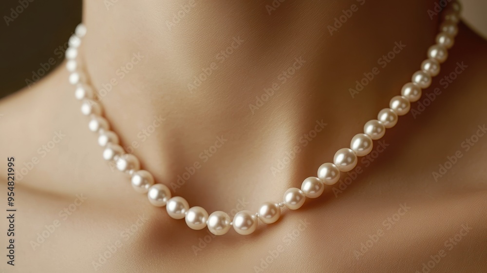 A single string of lustrous pearls elegantly enhances the delicate beauty of a smooth neck, illuminated by gentle light A single string of lustrous pearls elegantly enhances the delicate beauty of a smooth neck, illuminated by gentle light