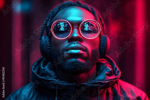 Neuroeconomics Impulse control Portrait of a man wearing glasses with glowing neural patterns symbolizing cognitive enhancement the integration of technology and the future of thought photo