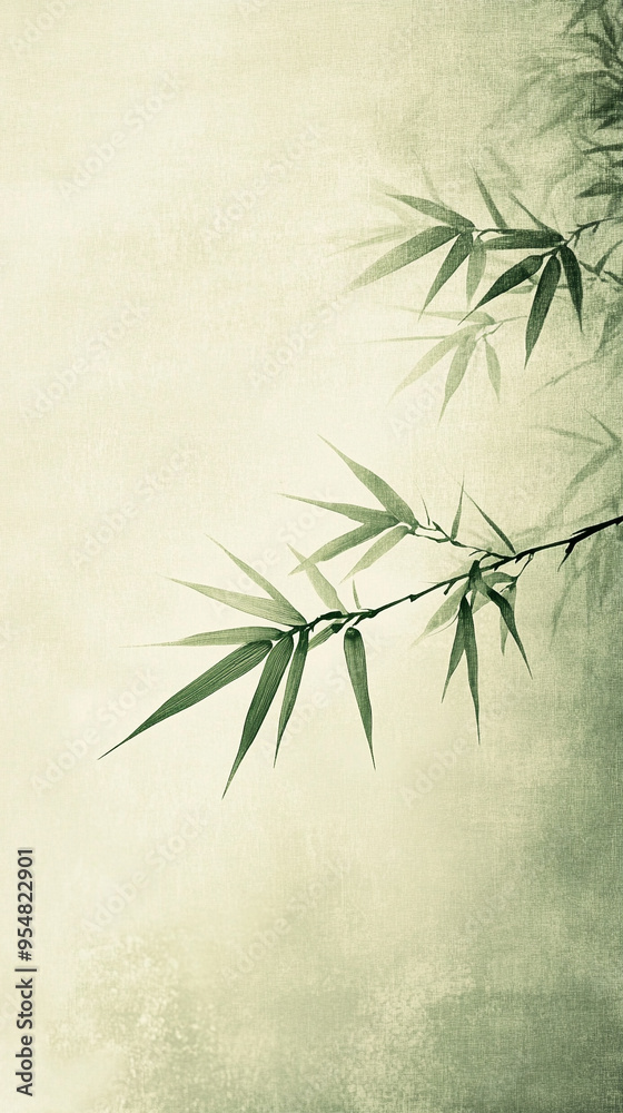Fototapeta premium An extremely tiny shadow of bamboo leaves swaying gently in the wind, with soft, flowing lines drawn in faint green ink