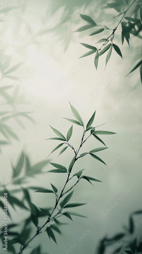Naklejka premium An extremely tiny shadow of bamboo leaves swaying gently in the wind, with soft, flowing lines drawn in faint green ink