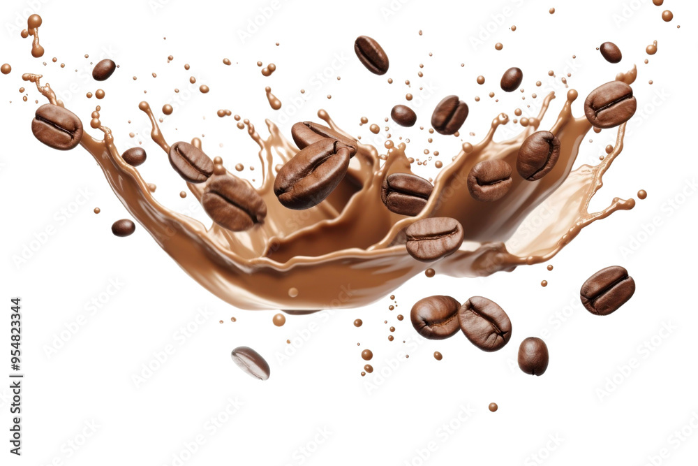 Coffee beans and chocolate milk splashing on a white background, ideal for food and beverage backgrounds or advertising campaigns Coffee beans and chocolate milk splashing on a white background, ideal for food and beverage backgrounds or advertising campaigns