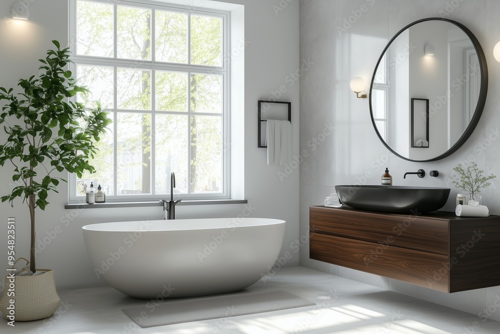 Modern bathroom featuring a freestanding bathtub, a wooden vanity unit with washbasin and a large circular mirror. The bathroom has a clean and minimalist aesthetic with plenty of natural light Modern bathroom featuring a freestanding bathtub, a wooden vanity unit with washbasin and a large circular mirror. The bathroom has a clean and minimalist aesthetic with plenty of natural light