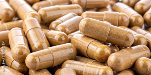 a photo image of pills with a brown or tan color, cylindrical shape, and stamped markings