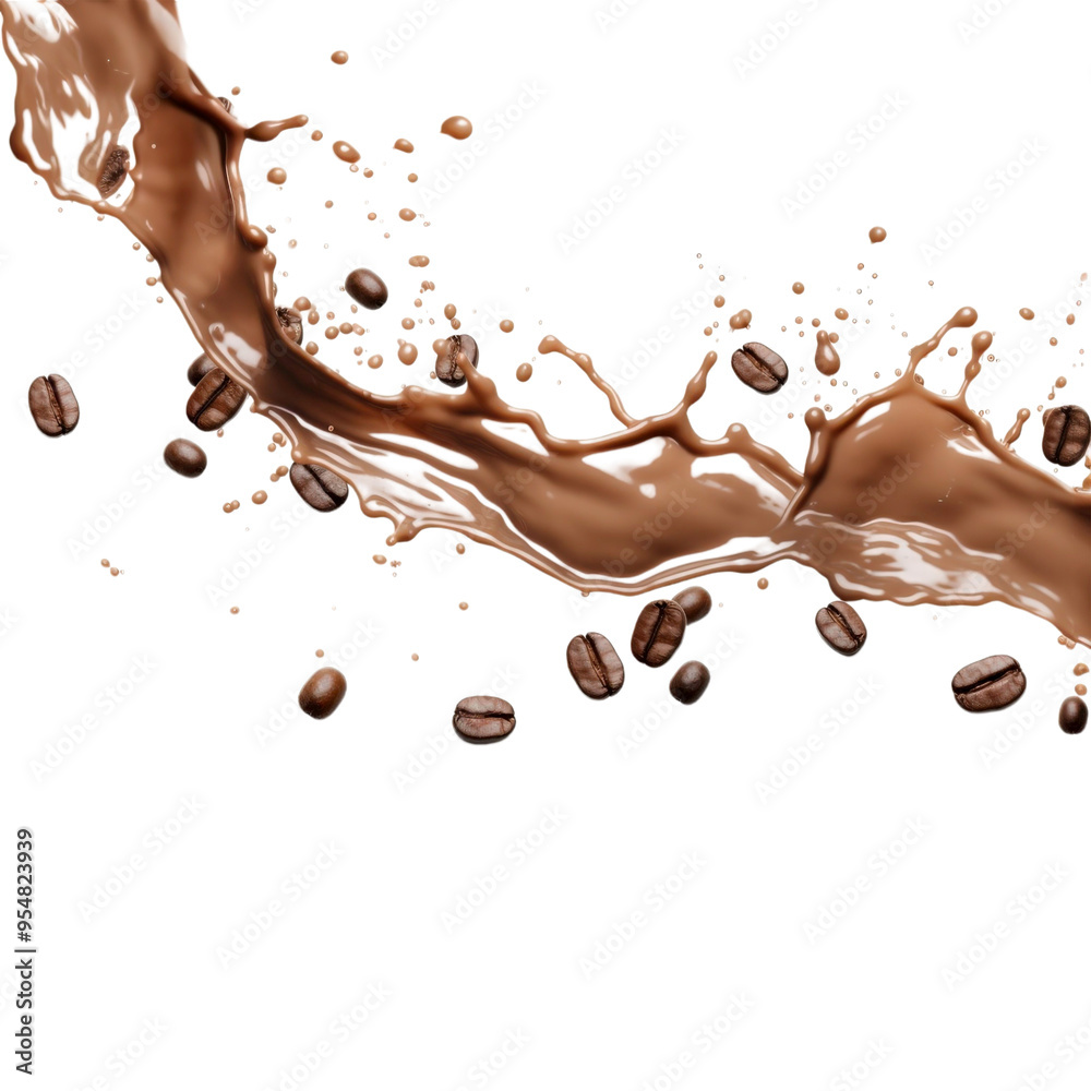 Coffee beans and chocolate milk splashing on a white background, ideal for food and beverage backgrounds or advertising campaigns Coffee beans and chocolate milk splashing on a white background, ideal for food and beverage backgrounds or advertising campaigns