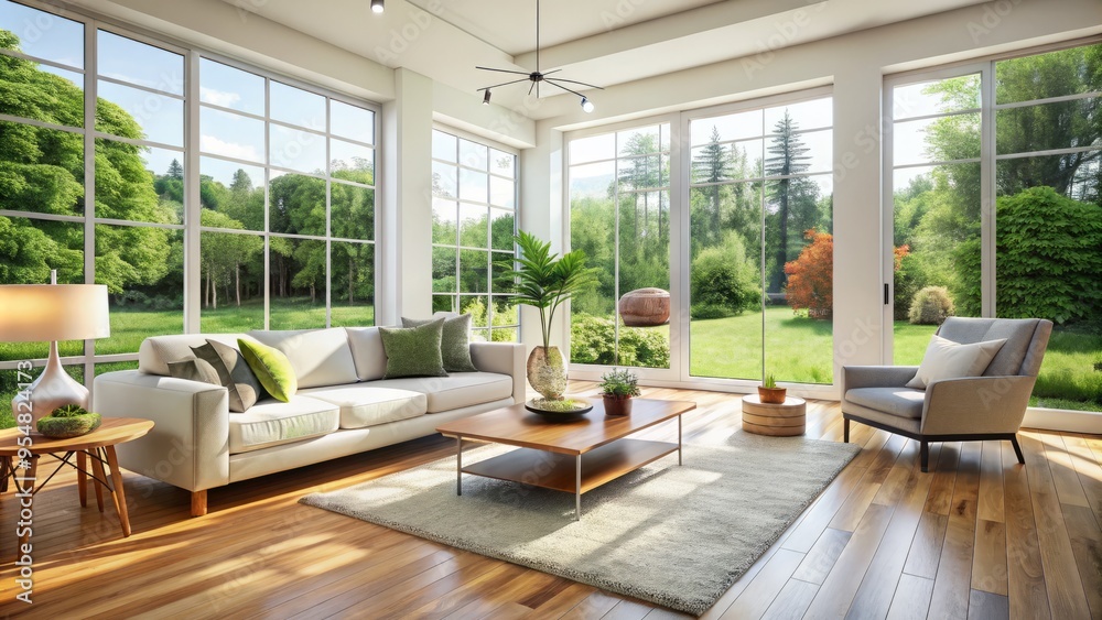 * Luxuriate in this airy living room, featuring crisp white walls, rich hardwood floors, and stunning views of * Luxuriate in this airy living room, featuring crisp white walls, rich hardwood floors, and stunning views of