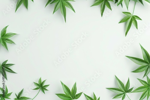 Flat lay frame with colorful green leaves on the white background with ample copy space image. isolated pastel backdrop. colorful desktop wallpaper with maple leaves