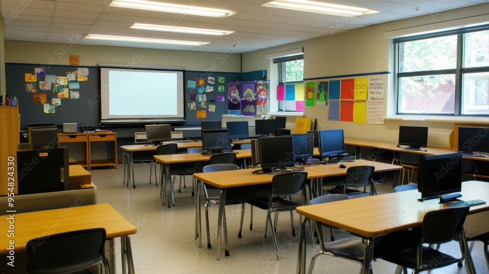 Vibrant and Engaging Classroom Environment with Wall Displays and Technology Vibrant and Engaging Classroom Environment with Wall Displays and Technology