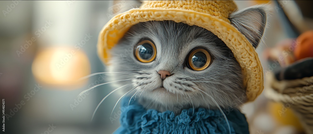 cute gray cat with fluffy fur, striped ears, one tail, in a blue dress and yellow hat, detailed and playful cute gray cat with fluffy fur, striped ears, one tail, in a blue dress and yellow hat, detailed and playful