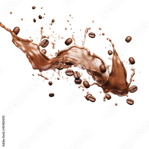 Coffee beans and chocolate milk splashing on a white background, ideal for food and beverage backgrounds or advertising campaigns photo