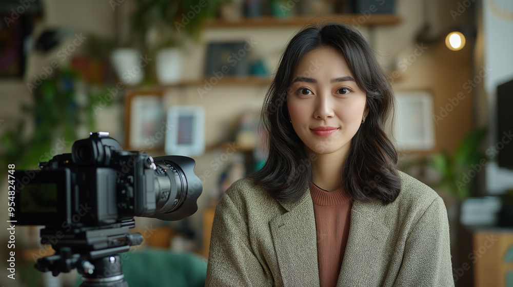 content creator with professional camera and lighting set up recording video