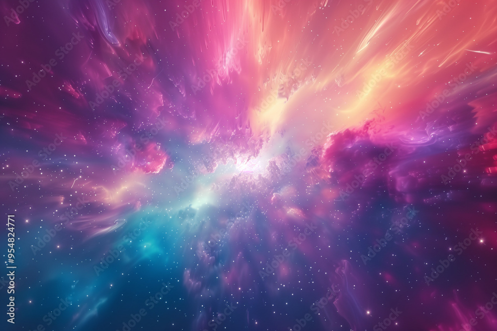 Naklejka premium Flying into a colorful and dynamic nebula in the outer space. Animation of a colorful bright galaxy with stars.