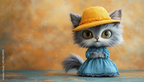 cute gray fluffy cat with a single tail, striped ears, in a blue dress and yellow hat, detailed and whimsical