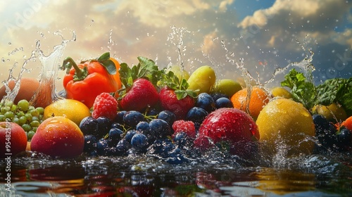 Lush fruits and vegetables with splashing water on a panoramic background, emphasizing freshness and healthy living in a lively composition.