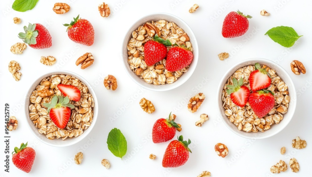 Flat lay, top view isolated with white highlights of muesli, strawberry salad, fresh fruit, nuts on white background. Healthy food concept. Flat lay, top view isolated with white highlights of muesli, strawberry salad, fresh fruit, nuts on white background. Healthy food concept.