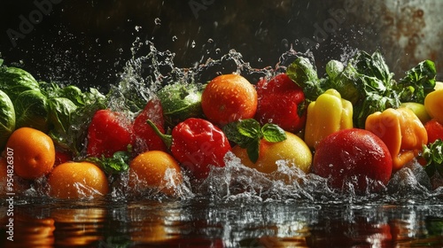 Panoramic view of fresh produce with water splashes, showcasing the vibrancy and natural freshness of fruits and vegetables in a dynamic scene.