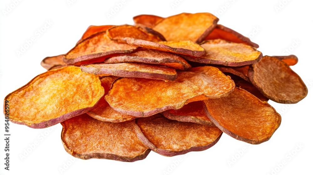 A golden pile of potato chips is presented on a white background, highlighting its texture and appealing colors.