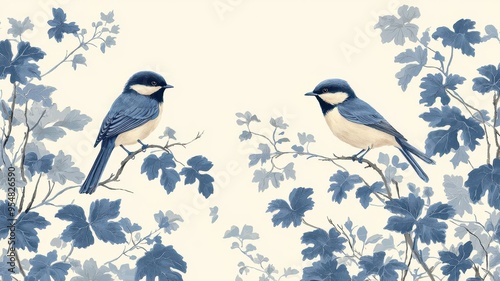 Vintage Inspired Toile de Jouy Backdrop with Delicate Vine Leaves and Perched Songbirds