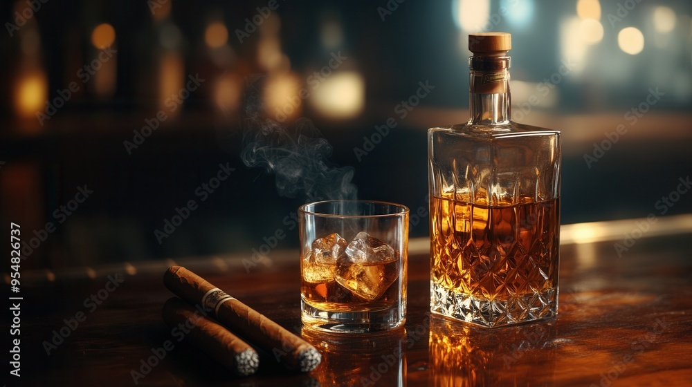 Sophisticated Evening Setting with Whiskey Bottle, Tumbler, and Lit Cigar on a Mahogany Bar. AI generated illustration Sophisticated Evening Setting with Whiskey Bottle, Tumbler, and Lit Cigar on a Mahogany Bar. AI generated illustration