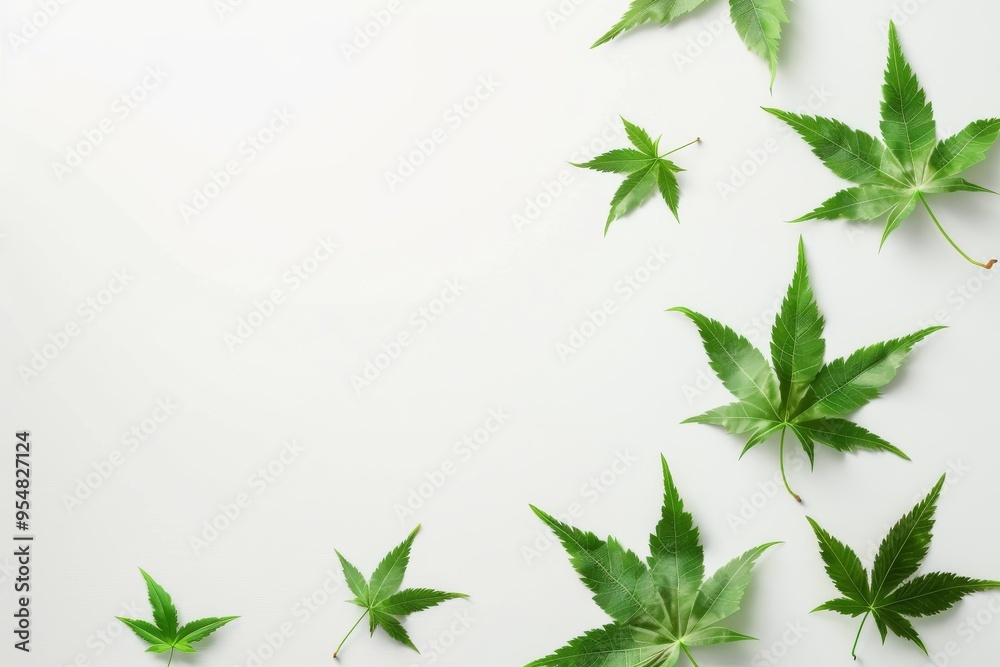 Flat lay frame with colorful green leaves on white background with ample copy space image. isolated pastel backdrop. colorful desktop wallpaper with maple leaves Flat lay frame with colorful green leaves on white background with ample copy space image. isolated pastel backdrop. colorful desktop wallpaper with maple leaves