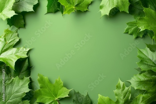 Flat lay frame with colorful green leaves on green background with ample copy space image. isolated pastel backdrop. colorful desktop wallpaper with maple leaves