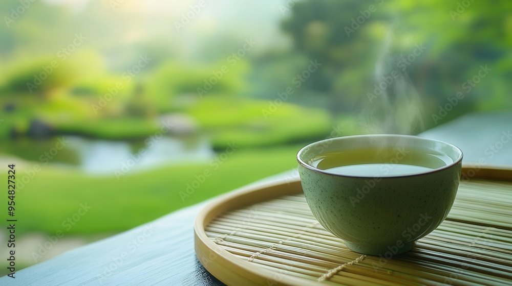 Serene Moment of Relaxation with Green Tea in a Porcelain Cup and Zen Garden Backdrop. AI generated illustration Serene Moment of Relaxation with Green Tea in a Porcelain Cup and Zen Garden Backdrop. AI generated illustration