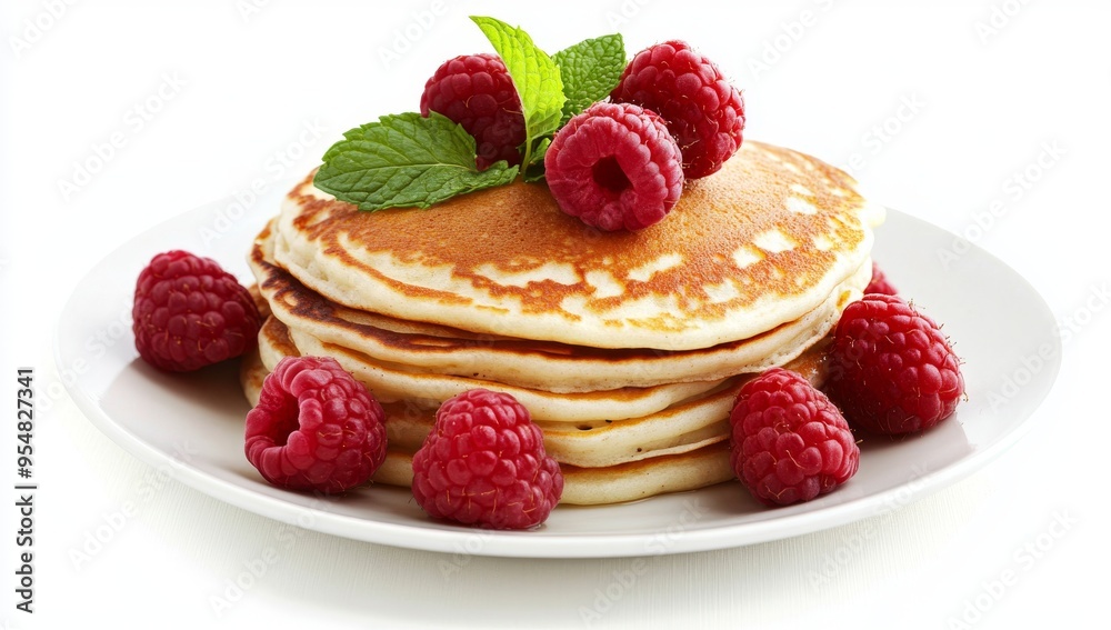 PNG image of healthy food breakfast pancakes with raspberry fruit isolated with white highlights PNG image of healthy food breakfast pancakes with raspberry fruit isolated with white highlights