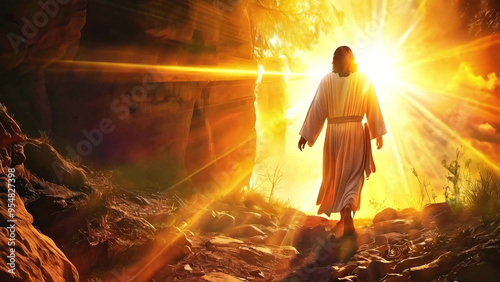 Resurrection of Jesus Christ art depicted in a powerful and divine scene, symbolizing eternal life and hope, new beautiful stock image illustration AI