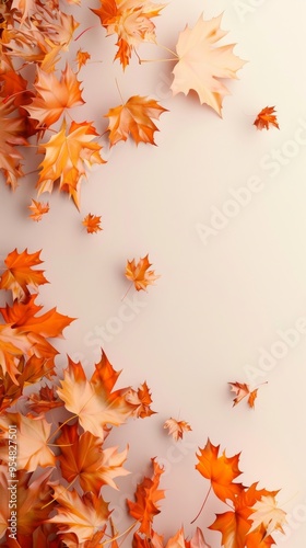 Flat lay frame with colorful autumn leaves on the beige background with ample copy space image. isolated pastel backdrop. colorful desktop wallpaper with maple leaves