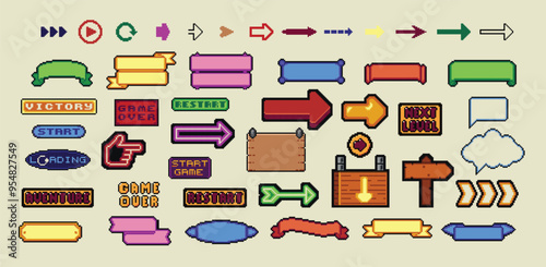 Pixel art frames. Retro 8 bit buttons, arrows, speech bubble messages, food and quote frame. Game UI vector template set of pixel game frame, 8 bit message illustration