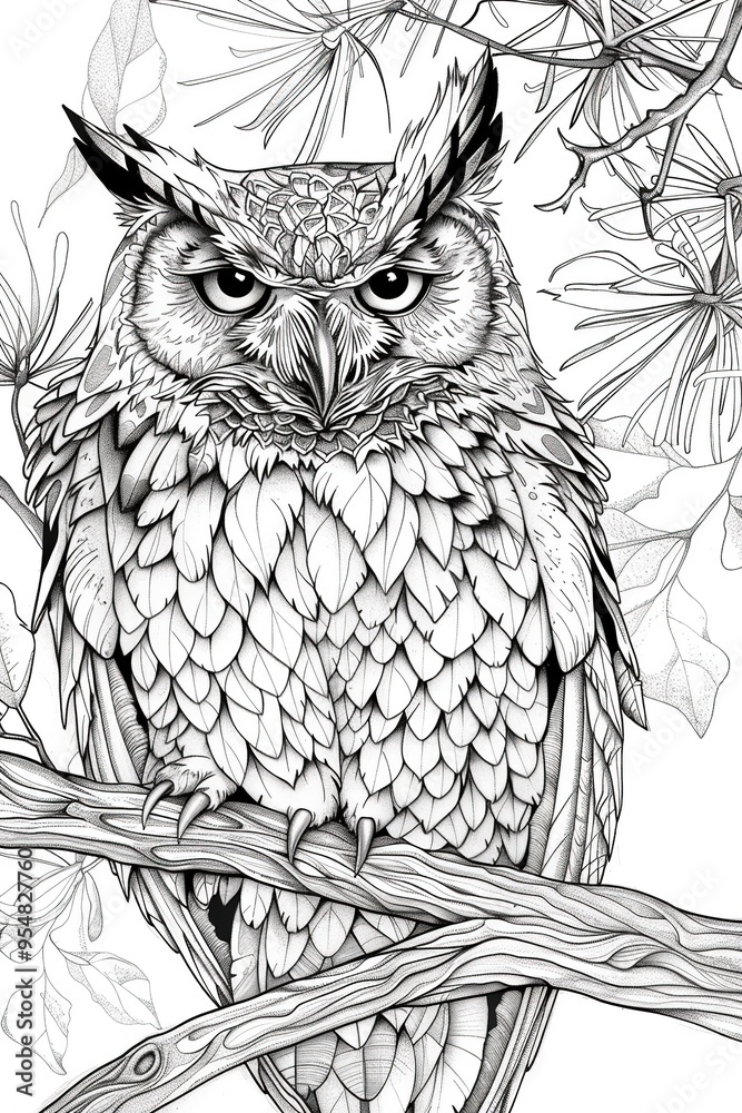 Detailed owl perched on a tree branch surrounded by leaves in a forest setting Detailed owl perched on a tree branch surrounded by leaves in a forest setting