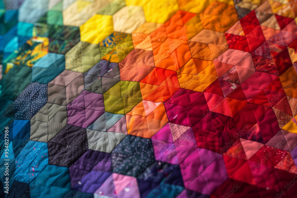 Hexagon patchwork block like kaleidoscope from pieces of fabrics, detail of quilt, colors of rainbow
Hexagon patchwork block like kaleidoscope from pieces of fabrics, detail of quilt, colors of rainbow