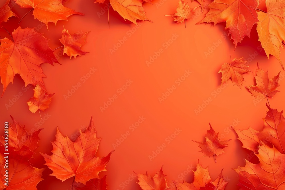 Flat lay frame with colorful autumn red leaves on the red background with ample copy space image. isolated pastel backdrop. colorful desktop wallpaper with maple leaves Flat lay frame with colorful autumn red leaves on the red background with ample copy space image. isolated pastel backdrop. colorful desktop wallpaper with maple leaves