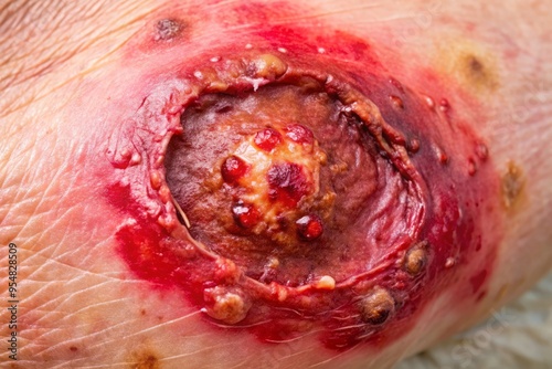 a photo image of a large, red, crusty wound with pus-filled abscesses surrounded by inflamed skin and swelling
