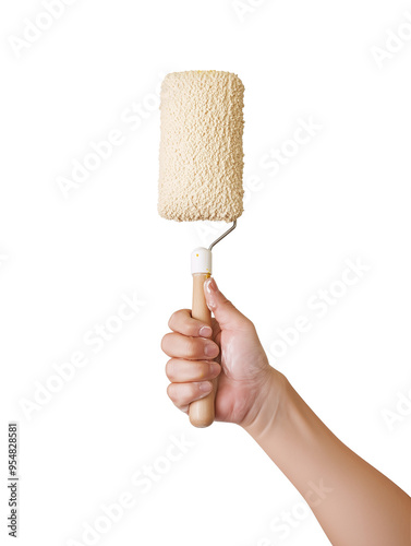 Hand holding white paint roller  isolated on transparent background

 photo