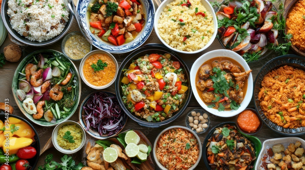 Natural food (various cuisines) Different food cooked on a wooden table Food backgrounds: table filled with large variety of food Natural food (various cuisines) Different food cooked on a wooden table Food backgrounds: table filled with large variety of food