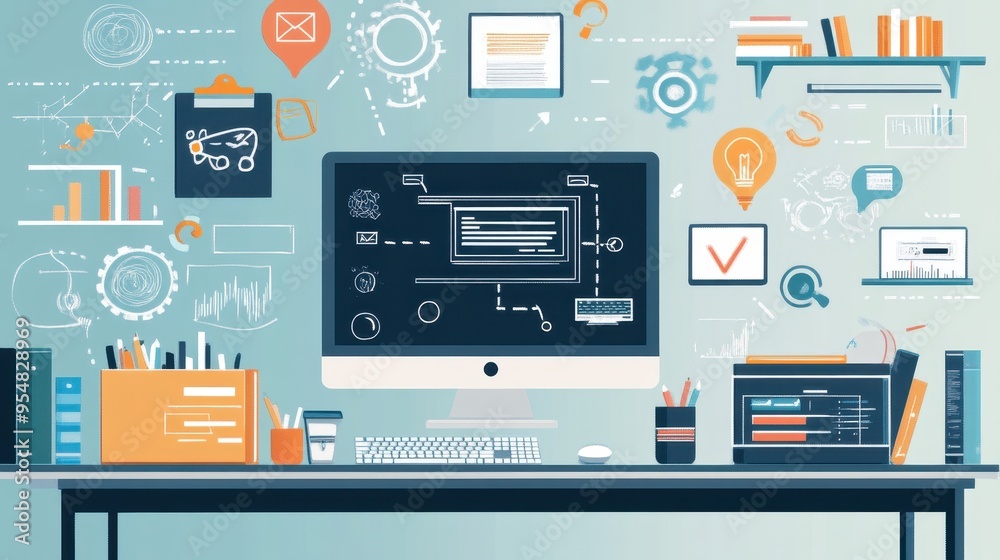 Modern Office Workspace with Digital Analytics and Infographic Elements Modern Office Workspace with Digital Analytics and Infographic Elements