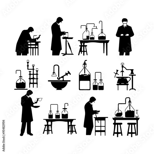 Chemist Conducting Research Silhouette set