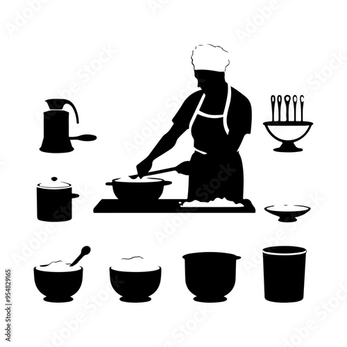 Chef Preparing Dough in Kitchen Silhouette set