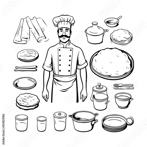 Chef Preparing Dough in Kitchen set items clipart