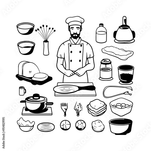 Chef Preparing Dough in Kitchen set items clipart