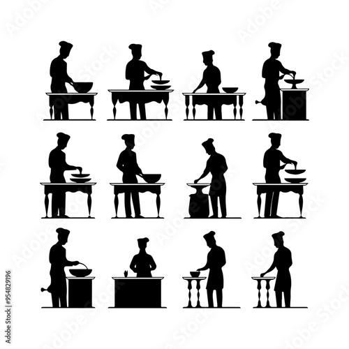 Chef Preparing Dough in Kitchen Silhouette set