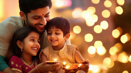 Indian man celebrating diwali festival with his child